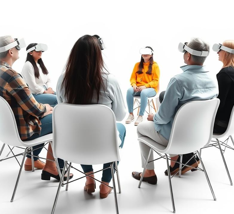 An image of a circle of people wearing VR headsets, participating in a group therapy session in the same room