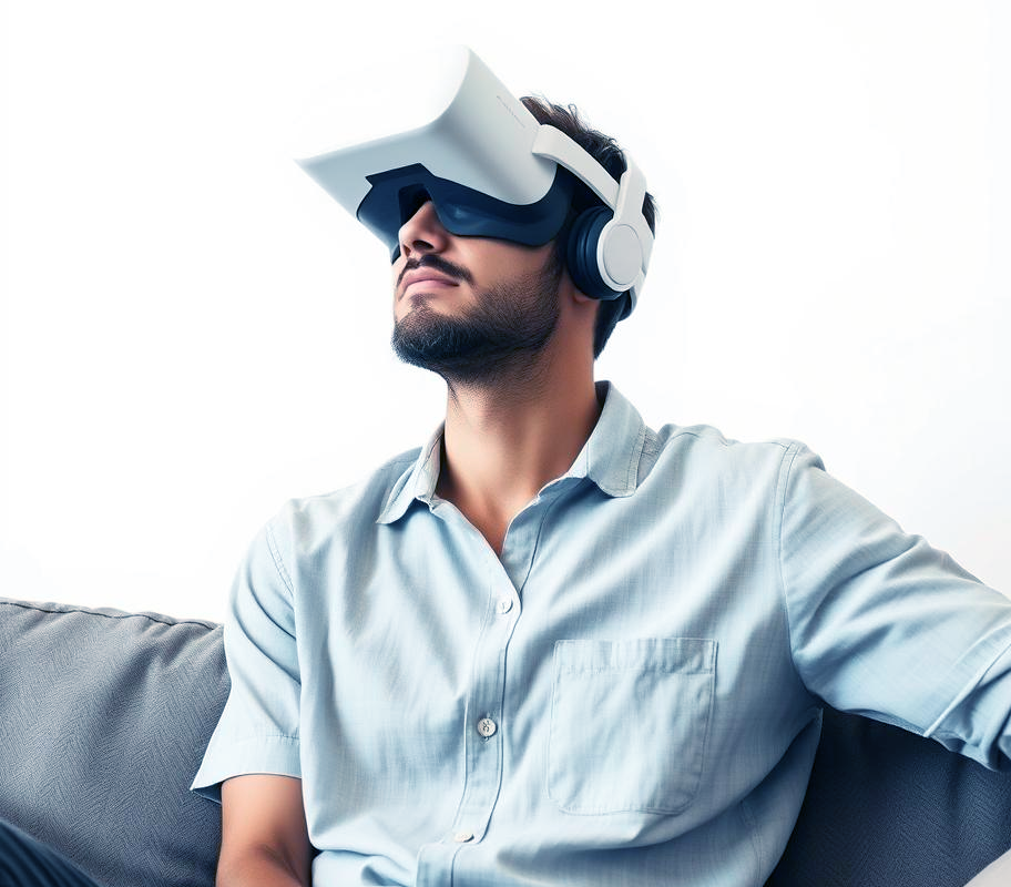 An image of a person wearing VR alone at home, joining a remote group therapy session