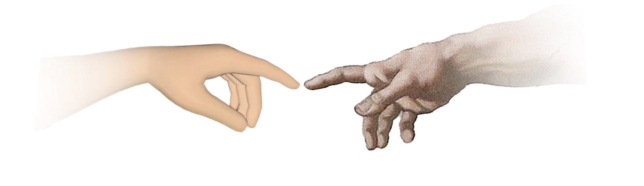 A human finger touching the finger of an avatar's hand in the style of Michelangelo's Creation of Adam